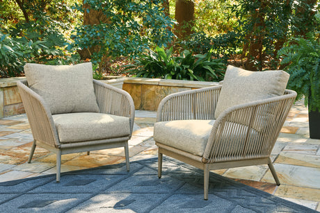 Swiss Valley 2 Outdoor Lounge Chairs with End Table in Beige from Ashley - Luna Furniture