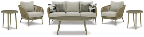 Swiss Valley Outdoor Sofa and 2 Lounge Chairs with Coffee Table and 2 End Tables in Beige from Ashley - Luna Furniture