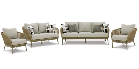 Swiss Valley Outdoor Sofa and Loveseat with 2 Lounge Chairs in Beige from Ashley - Luna Furniture