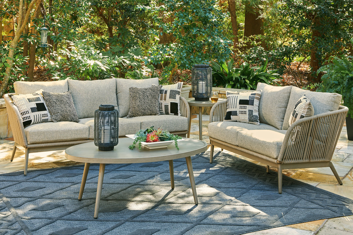 Swiss Valley Outdoor Sofa and Loveseat with Coffee Table in Beige from Ashley - Luna Furniture