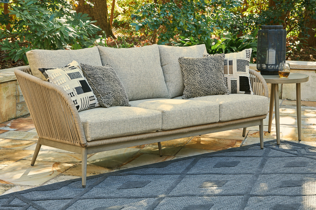 Swiss Valley Outdoor Sofa and Loveseat with Coffee Table in Beige from Ashley - Luna Furniture