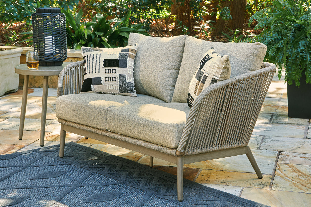 Swiss Valley Outdoor Sofa and Loveseat with Coffee Table in Beige from Ashley - Luna Furniture