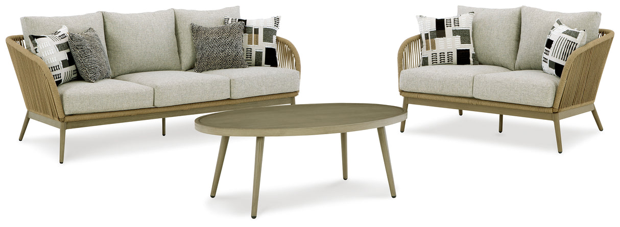 Swiss Valley Outdoor Sofa and Loveseat with Coffee Table in Beige from Ashley - Luna Furniture