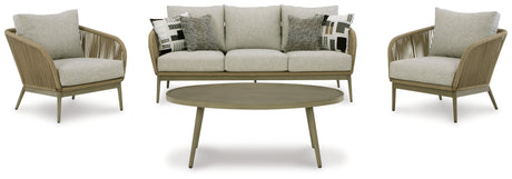 Swiss Valley Outdoor Sofa, Loveseat and 2 Lounge Chairs with Coffee Table in Beige from Ashley - Luna Furniture