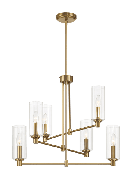 Timeless Six Lights Chandelier With Clear Ribbed Glass - Satin Brass - PNL03901401