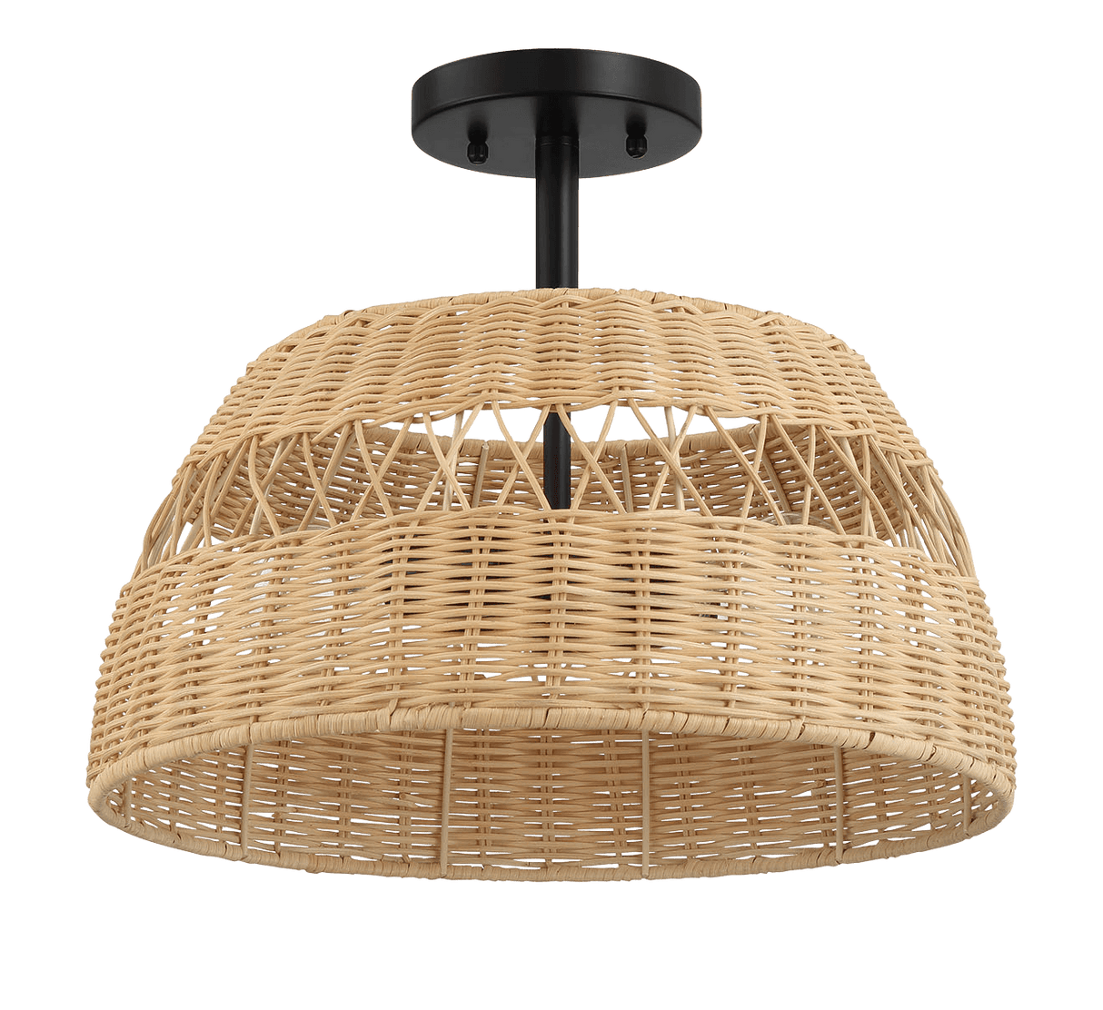 Twinkle Double Lights Semi Flush With Rattan Shade Black Metal Finish for Farmhouse Style - PNL03901601