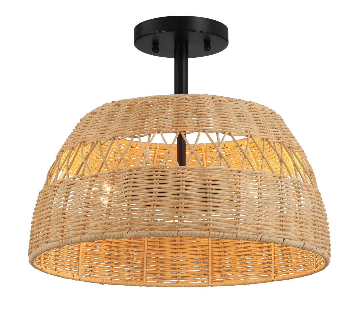 Twinkle Double Lights Semi Flush With Rattan Shade Black Metal Finish for Farmhouse Style - PNL03901601