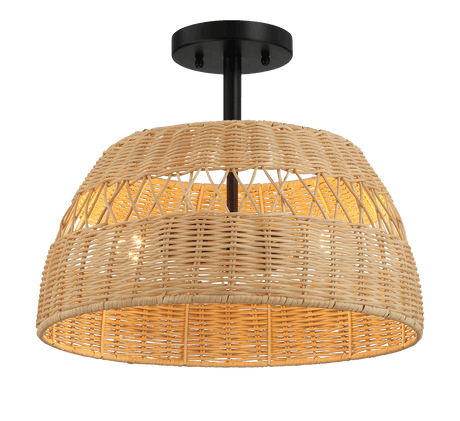 Twinkle Double Lights Semi Flush With Rattan Shade Black Metal Finish for Farmhouse Style - PNL03901601