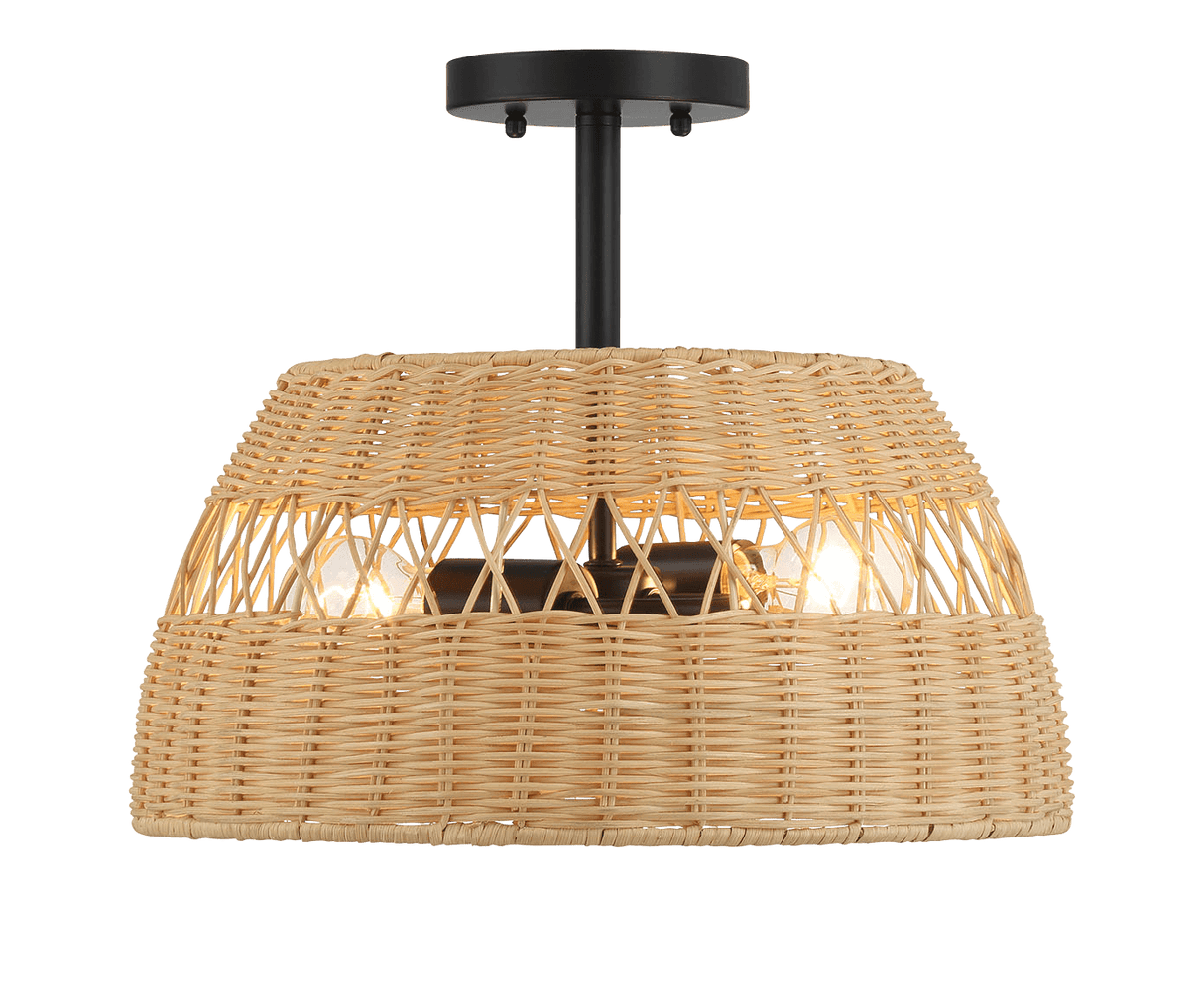 Twinkle Double Lights Semi Flush With Rattan Shade Black Metal Finish for Farmhouse Style - PNL03901601