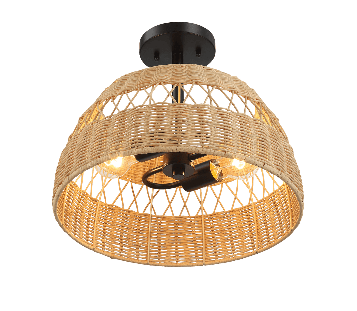 Twinkle Double Lights Semi Flush With Rattan Shade Black Metal Finish for Farmhouse Style - PNL03901601