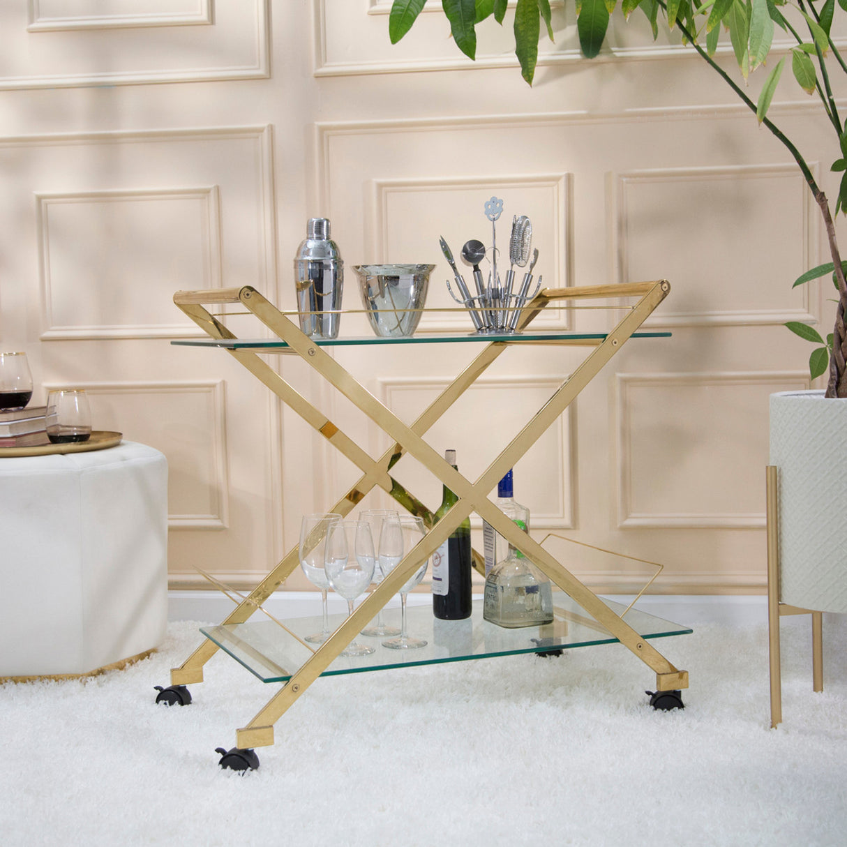 Two Tier 31" Rolling Bar Cart,gold Kd from Sagebrook Home - Luna Furniture