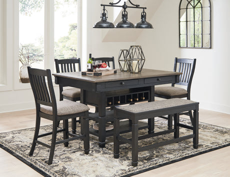 Tyler Creek Counter Height Dining Table and 4 Barstools and Bench in Black/Gray - PKG014070