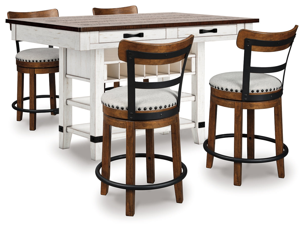 Valebeck Counter Height Dining Table and 4 Barstools in White/Brown - PKG016268