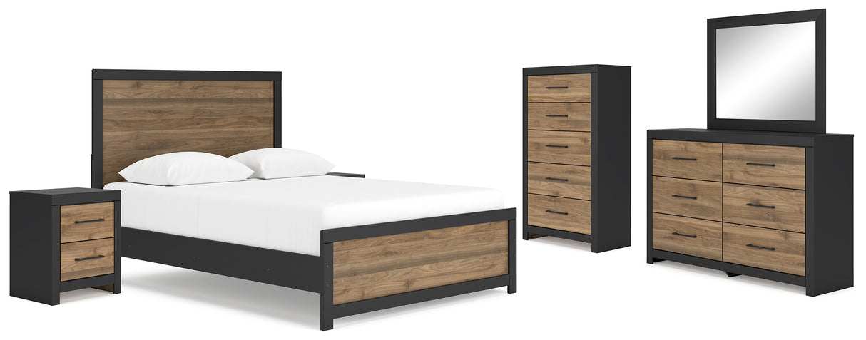 Vertani Queen Panel Bed with Mirrored Dresser, Chest and 2 Nightstands in Black from Ashley - Luna Furniture