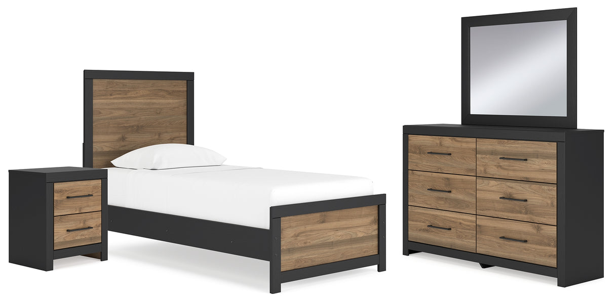 Vertani Twin Panel Bed with Mirrored Dresser and Nightstand in Black from Ashley - Luna Furniture