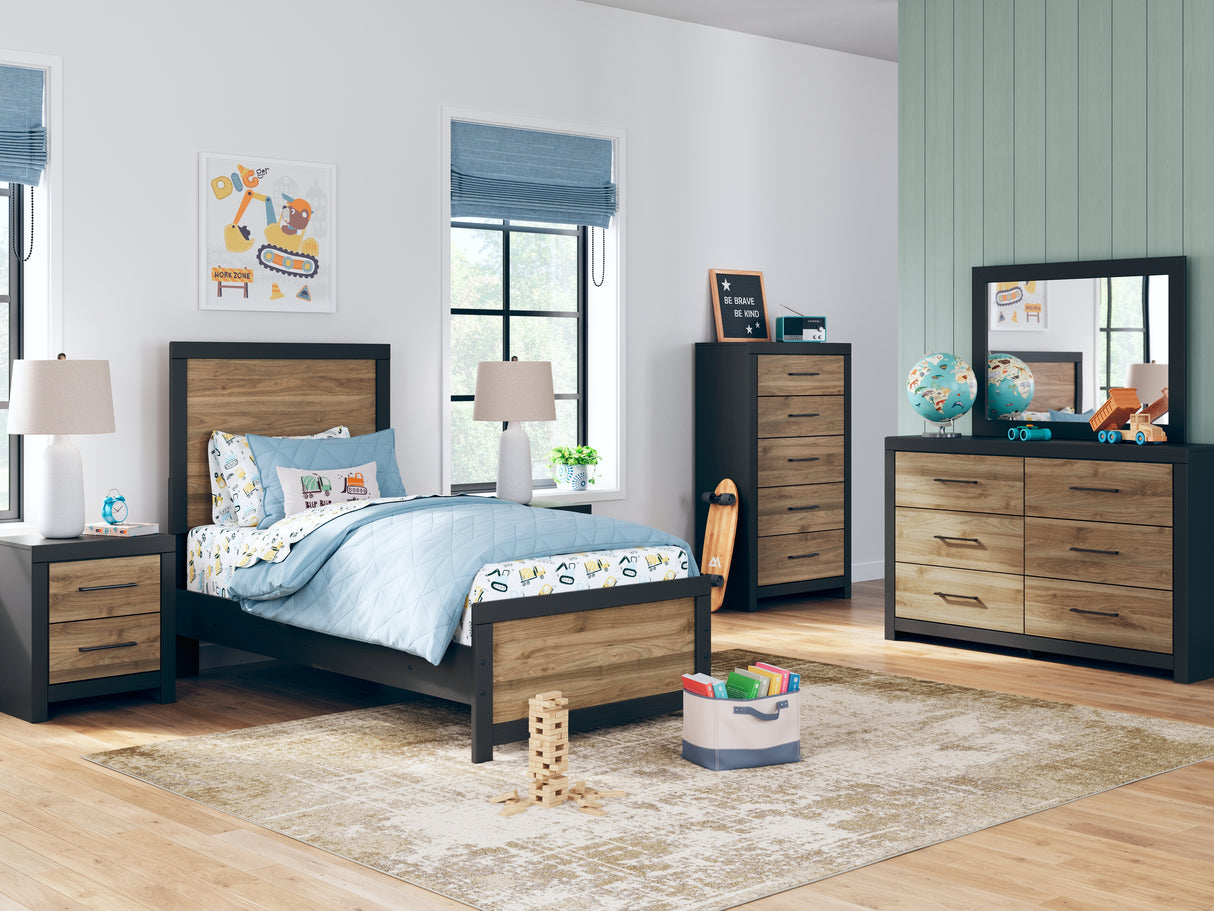 Vertani Twin Panel Bed with Mirrored Dresser, Chest and 2 Nightstands in Black from Ashley - Luna Furniture