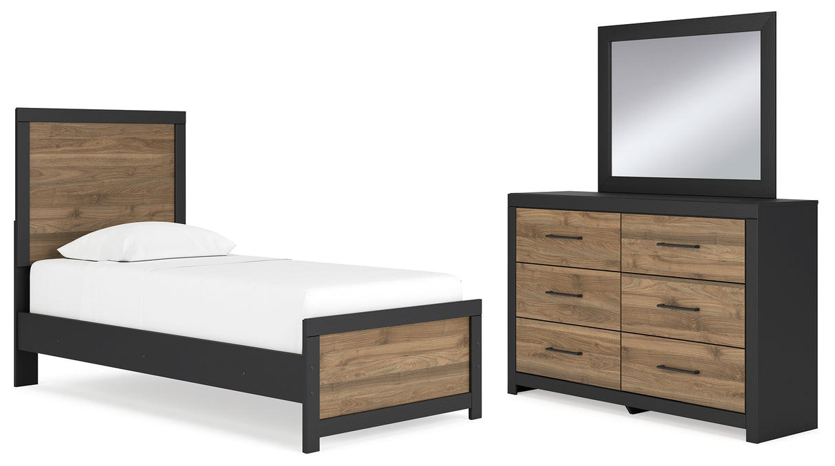 Vertani Twin Panel Bed with Mirrored Dresser in Black from Ashley - Luna Furniture