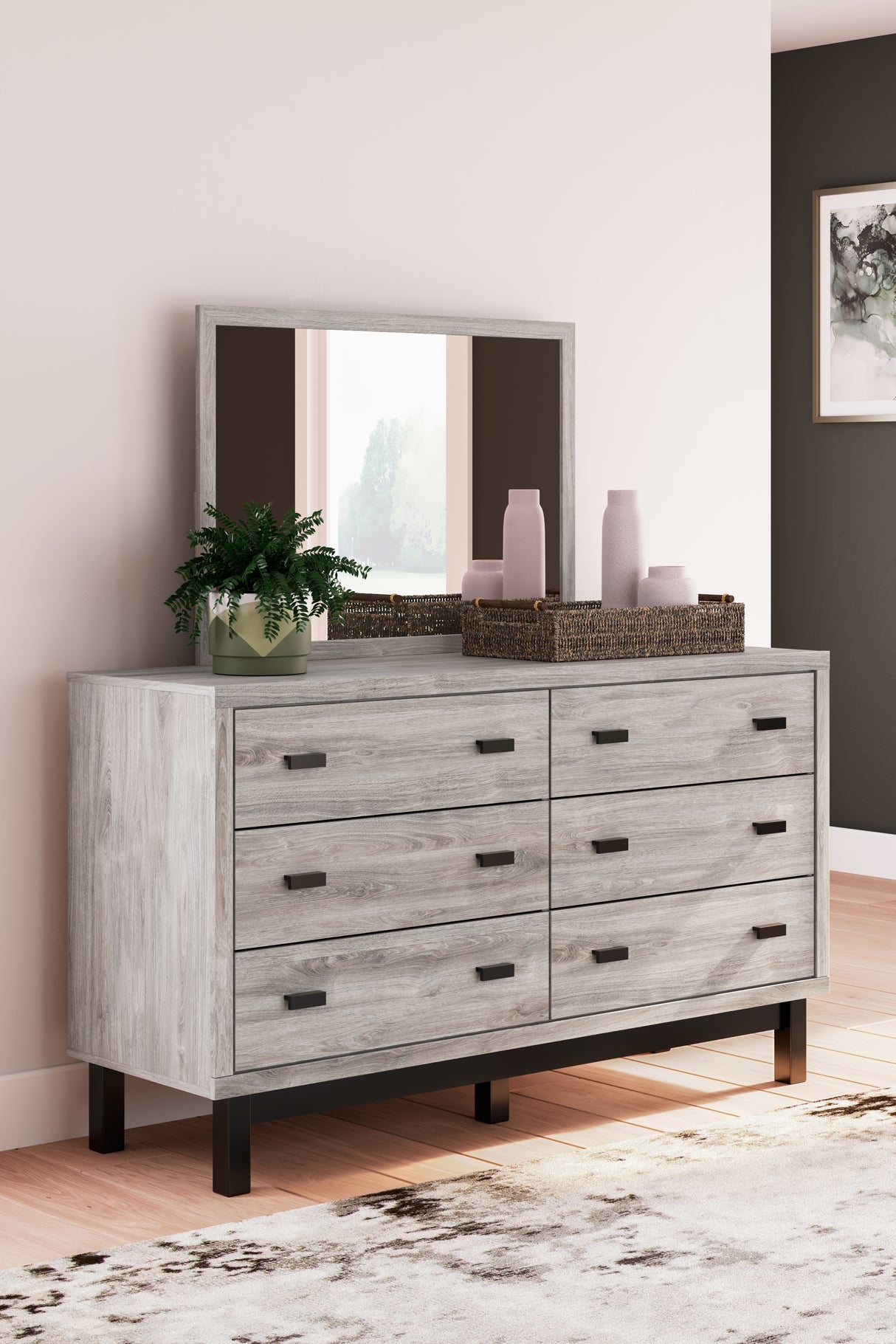 Vessalli King Panel Bed with Mirrored Dresser and 2 Nightstands in Gray from Ashley - Luna Furniture