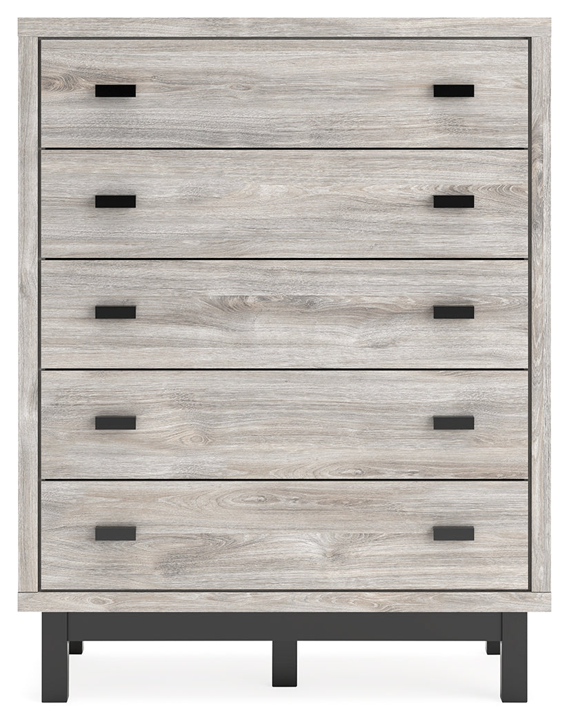 Vessalli King Panel Bed with Mirrored Dresser and Chest in Gray from Ashley - Luna Furniture