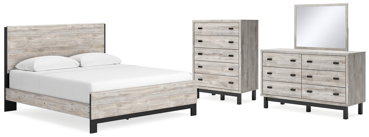 Vessalli King Panel Bed with Mirrored Dresser and Chest in Gray from Ashley - Luna Furniture