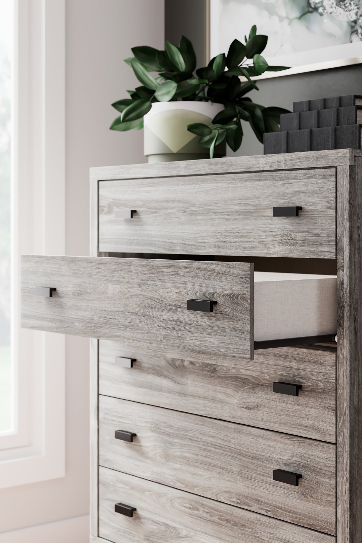 Vessalli King Panel Bed with Mirrored Dresser and Chest in Gray from Ashley - Luna Furniture