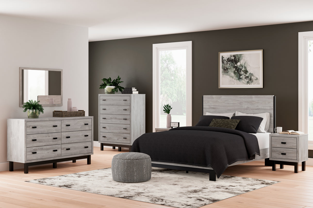 Vessalli Queen Panel Bed with Mirrored Dresser, Chest and Nightstand in Gray from Ashley - Luna Furniture