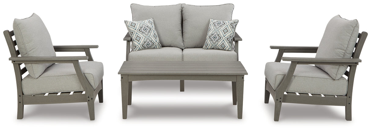 Visola Outdoor Loveseat and 2 Chairs with Coffee Table in Gray - PKG011420