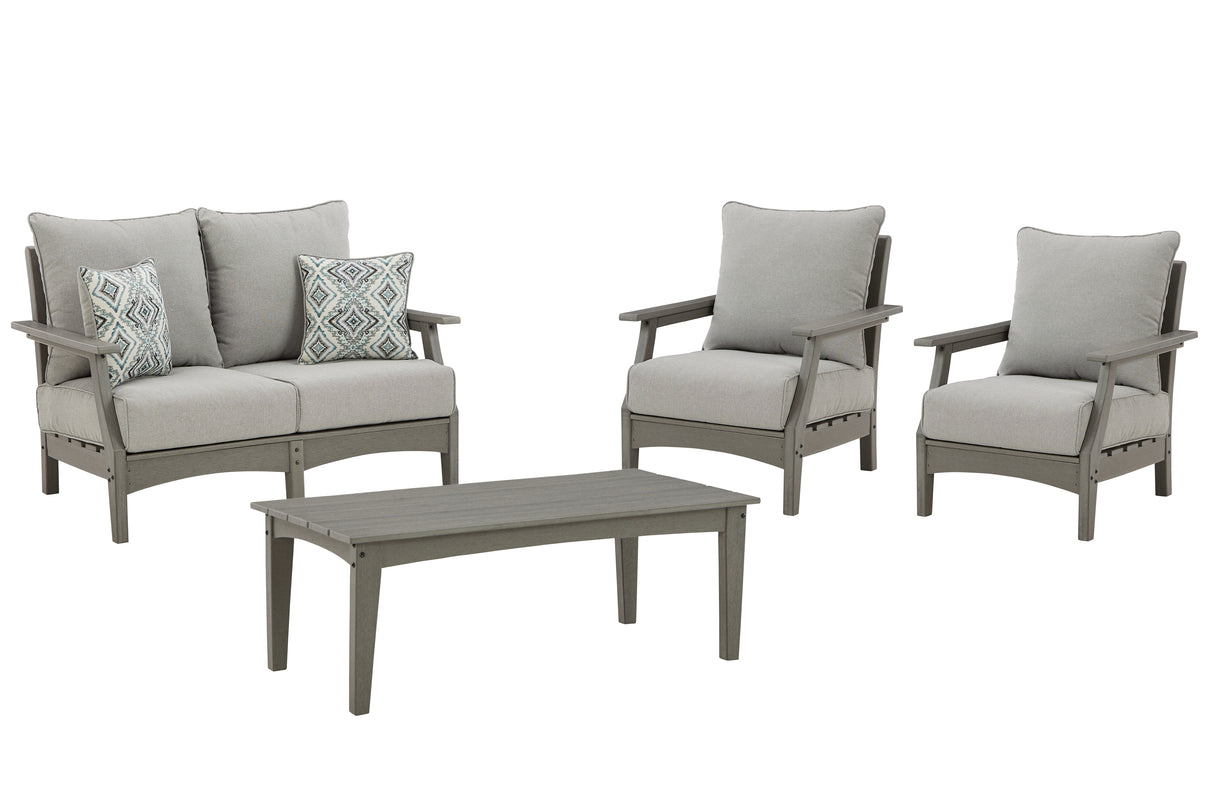 Visola Outdoor Loveseat and 2 Lounge Chairs with Coffee Table in Gray - PKG012917