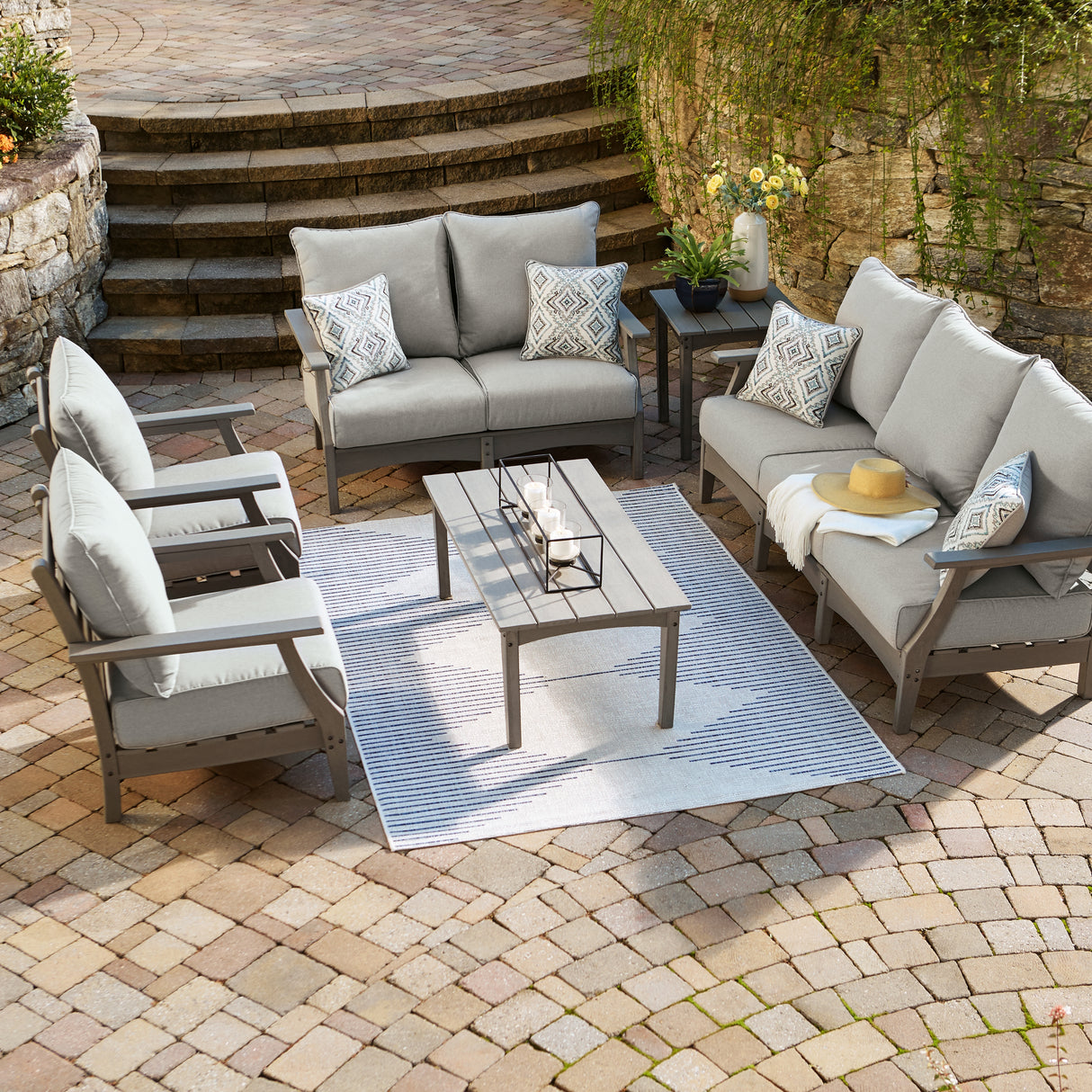 Visola Outdoor Sofa and Loveseat with 2 Lounge Chairs and End Table in Gray - PKG011422