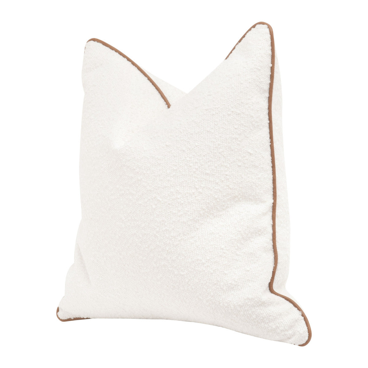 The Not So Basic 22" Essential Pillow in Livesmart Boucle-Snow, Whiskey Brown Top Grain Leather Piping, Set of 2 - 7202-22.BOU-SNO/WB