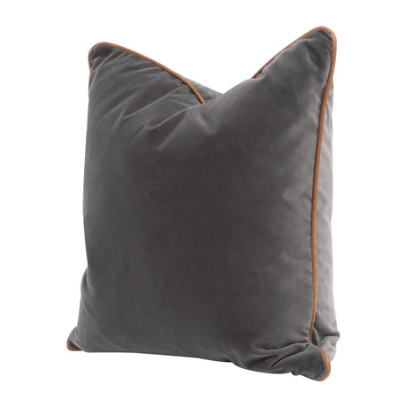 The Not So Basic 20" Essential Pillow in Dark Dove Velvet, Whiskey Brown Top Grain Leather Piping, Set of 2 - 7202-20.DDOV/WB