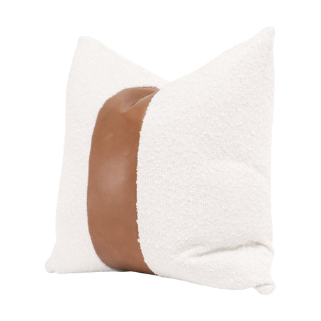 The Split Decision 20" Essential Pillow in Livesmart Boucle-Snow, Whiskey Brown Top Grain Leather Stripe, Set of 2 - 7206-20.BOU-SNO/WB