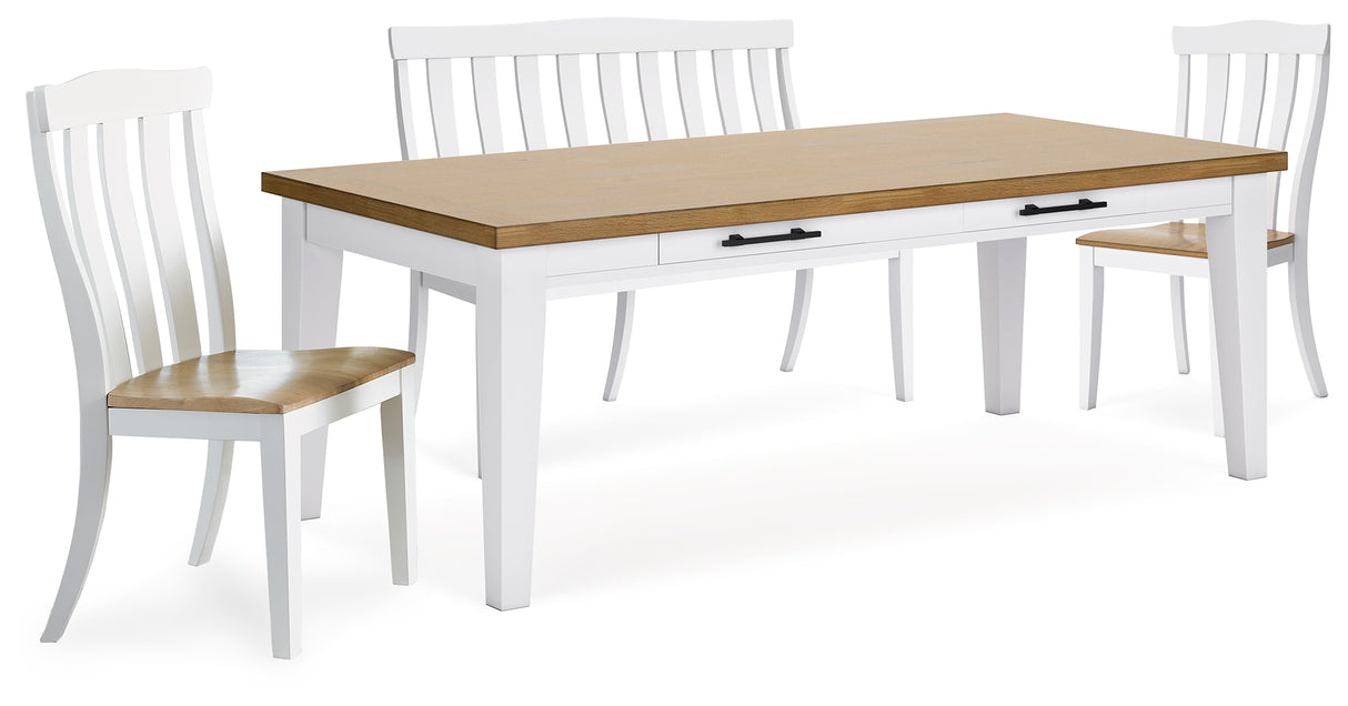 White/Natural Ashbryn Dining Table and 2 Chairs and Bench - PKG016742