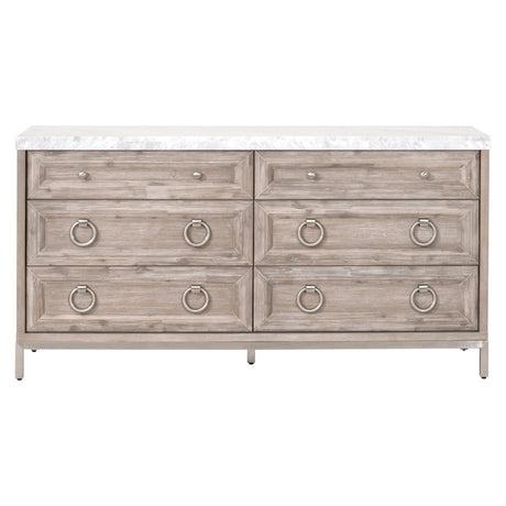 Azure Carrera 6-Drawer Double Dresser in Natural Gray Acacia, White Carrera Marble, Brushed Stainless Steel - 6155.NG-BSTL/WHT