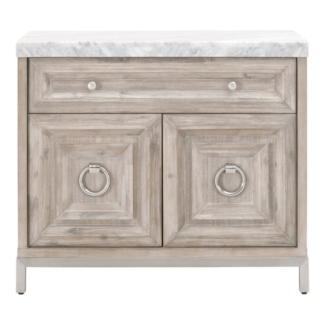 Azure Carrera Media Chest in Natural Gray Acacia, White Carrera Marble, Brushed Stainless Steel - 6154.NG-BSTL/WHT