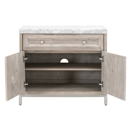 Azure Carrera Media Chest in Natural Gray Acacia, White Carrera Marble, Brushed Stainless Steel - 6154.NG-BSTL/WHT