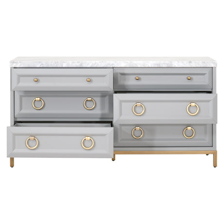 Azure Carrera 6-Drawer Double Dresser in Dove Gray, White Carrera Marble, Brushed Gold - 6155.DGR-BGLD/WHT