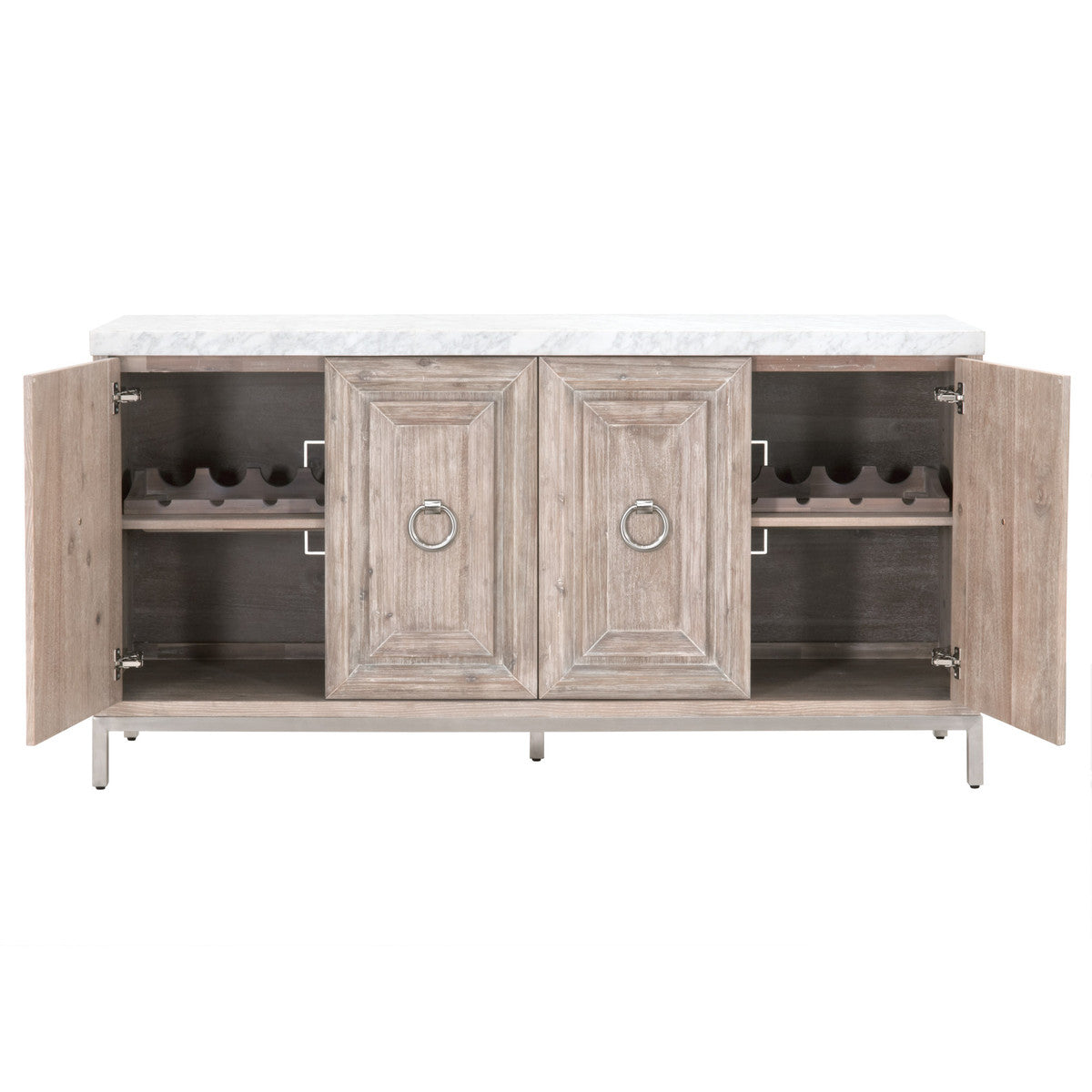 Azure Carrera Media Sideboard in White Carrera Marble, Natural Gray Acacia, Brushed Stainless Steel - 6087.NG-BSTL/WHT