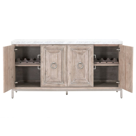 Azure Carrera Media Sideboard in White Carrera Marble, Natural Gray Acacia, Brushed Stainless Steel - 6087.NG-BSTL/WHT