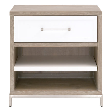 Wrenn 1-Drawer Nightstand in Natural Gray Acacia, Matte White, Brushed Stainless Steel - 6139.NG/WHT-BSTL