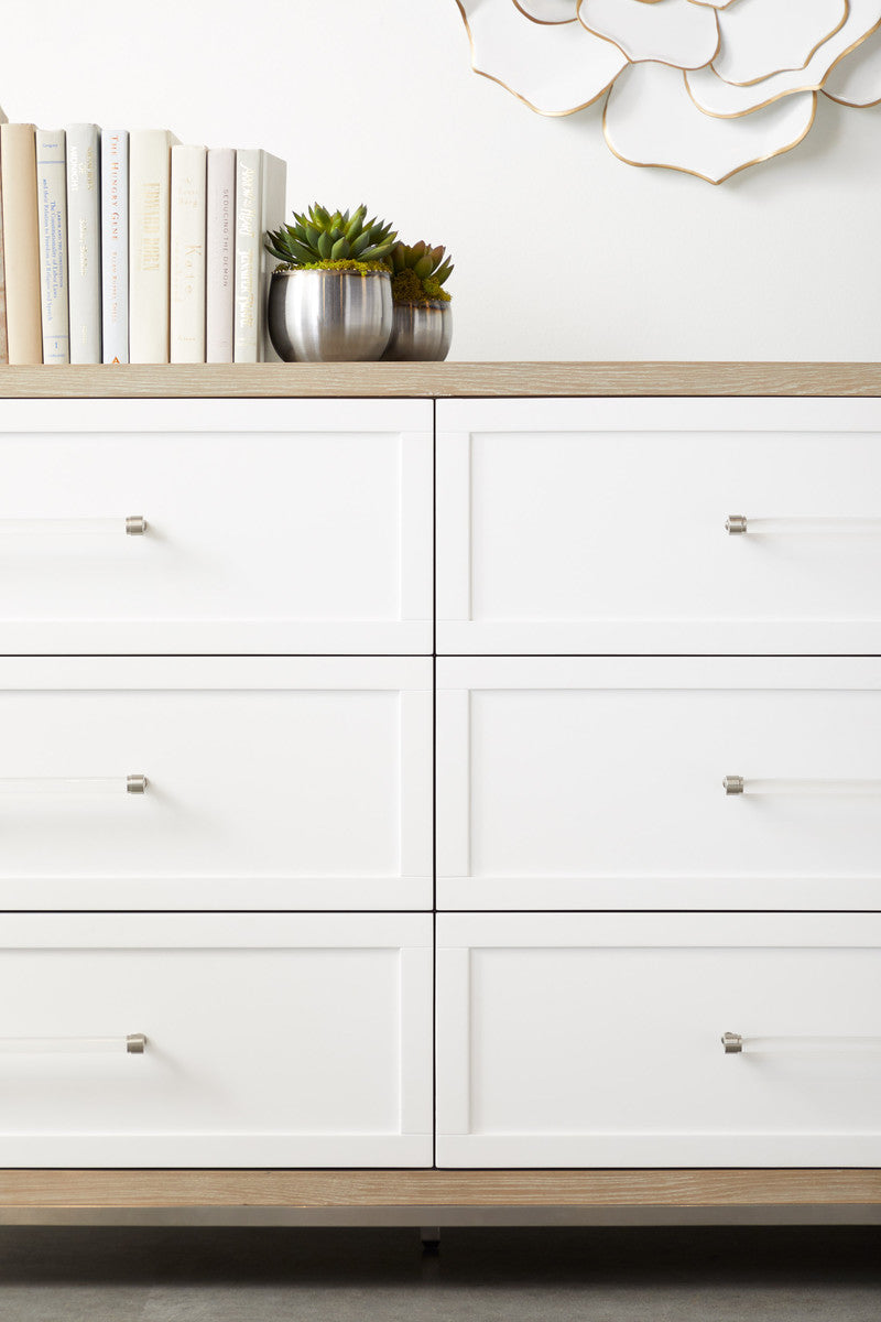 Wrenn 6-Drawer Double Dresser in Natural Gray Acacia, Matte White, Brushed Stainless Steel - 6140.NG/WHT-BSTL