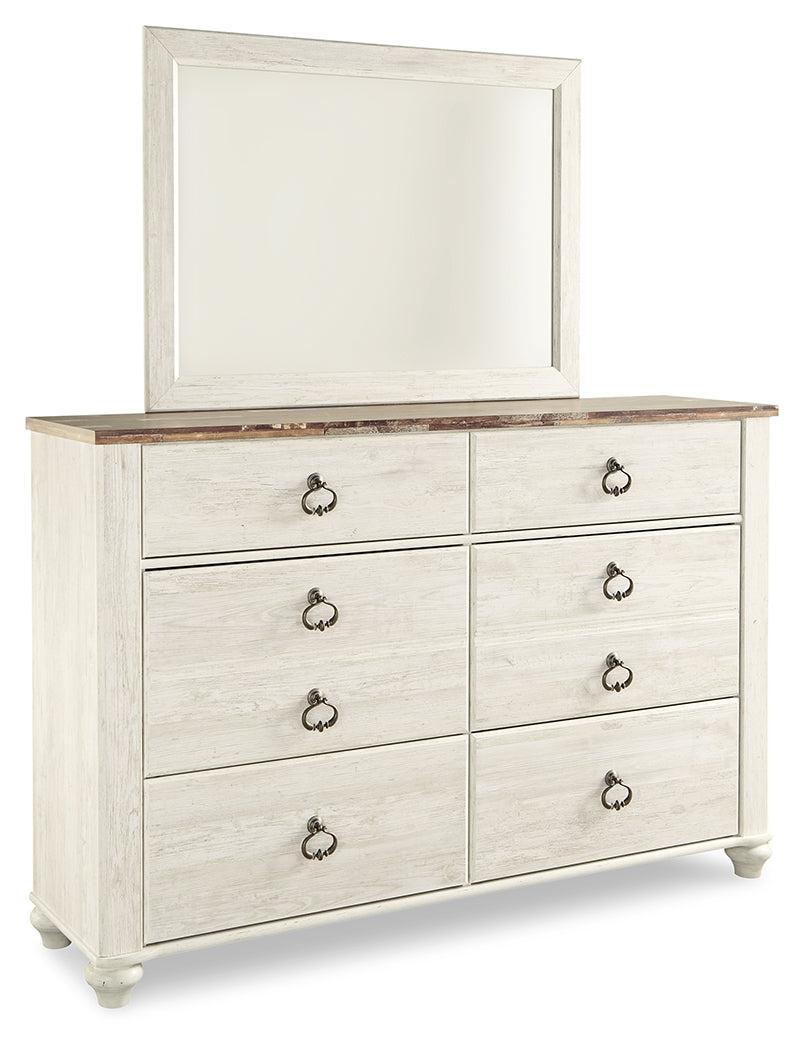 Willowton California King Panel Bed with Mirrored Dresser and 2 Nightstands in Whitewash from Ashley - Luna Furniture