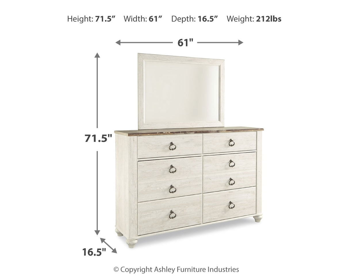 Willowton California King Panel Bed with Mirrored Dresser and 2 Nightstands in Whitewash from Ashley - Luna Furniture