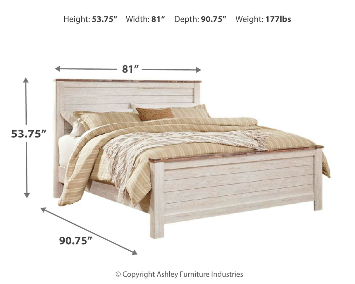 Willowton California King Panel Bed with Mirrored Dresser and 2 Nightstands in Whitewash from Ashley - Luna Furniture