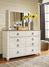 Willowton California King Panel Bed with Mirrored Dresser and Chest in Whitewash from Ashley - Luna Furniture