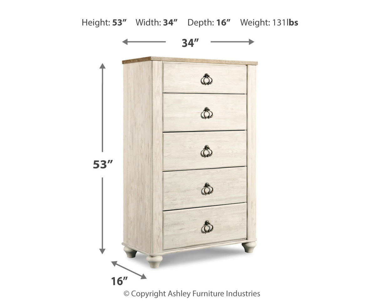 Willowton California King Panel Bed with Mirrored Dresser and Chest in Whitewash from Ashley - Luna Furniture