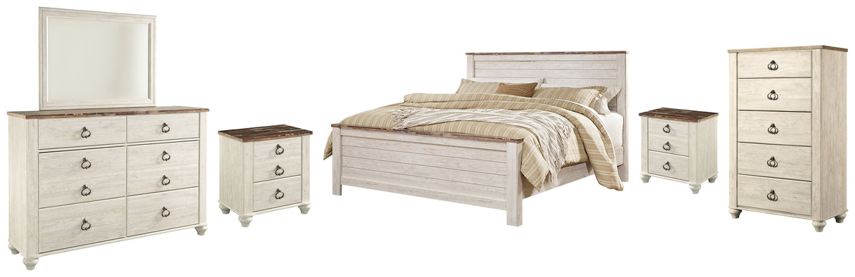 Willowton California King Panel Bed with Mirrored Dresser, Chest and 2 Nightstands in Whitewash from Ashley - Luna Furniture