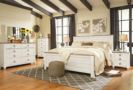 Willowton California King Panel Bed with Mirrored Dresser, Chest and Nightstand in Whitewash from Ashley - Luna Furniture