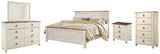 Willowton California King Panel Bed with Mirrored Dresser, Chest and Nightstand in Whitewash from Ashley - Luna Furniture