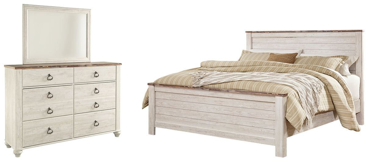 Willowton California King Panel Bed with Mirrored Dresser in Whitewash from Ashley - Luna Furniture